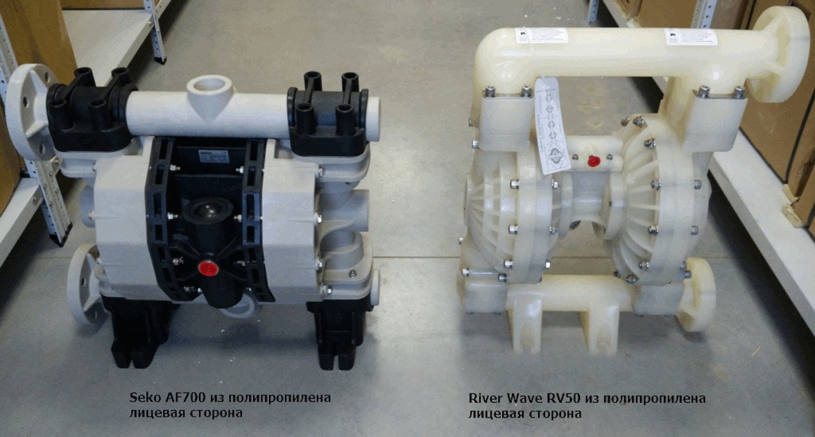 Мембранные насосы из полипропилена: Seko AF700 (Италия), River Wave RV50 (Китай). Лицевая сторона.