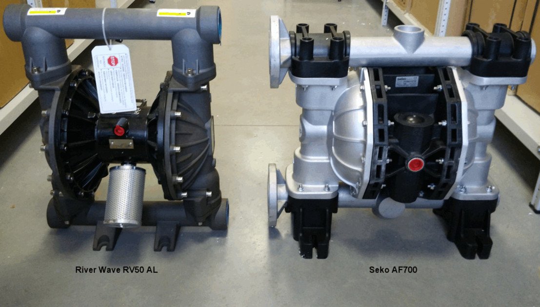Изображение 3. Мембранные насосы из алюминия: Seko AF700 (Италия), River Wave RV50 (Китай). Лицевая сторона.