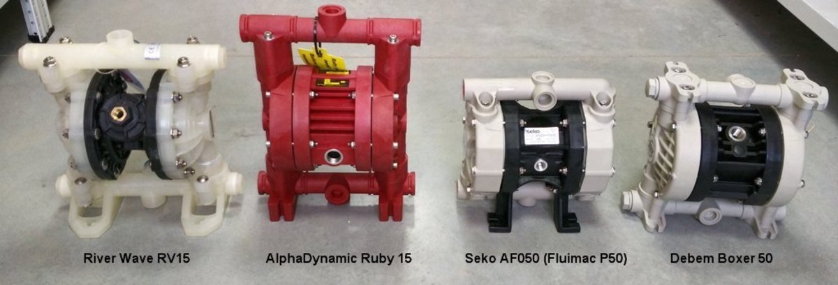 Лицевая сторона насосов: River Wave RV15, AlphaDynamic Ruby 15, Seko AF 050, Debem Boxer 50