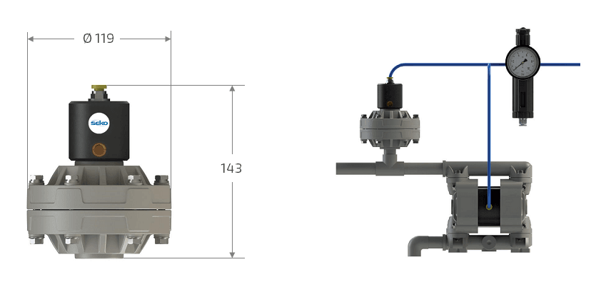 Габаритные размеры и схема установки демпфера пульсаций Seko DAF X2 020