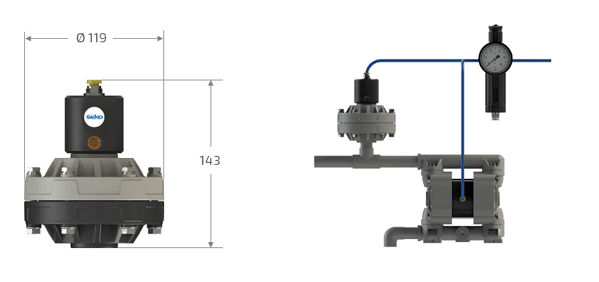 Габаритные размеры и схема установки демпфера пульсаций Seko DAF X2 020