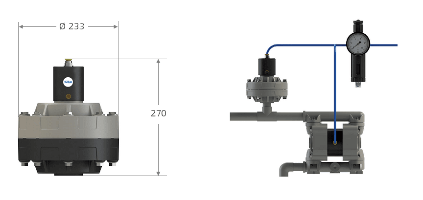 Габаритные размеры и схема установки демпфера пульсаций Seko DAF X2 040