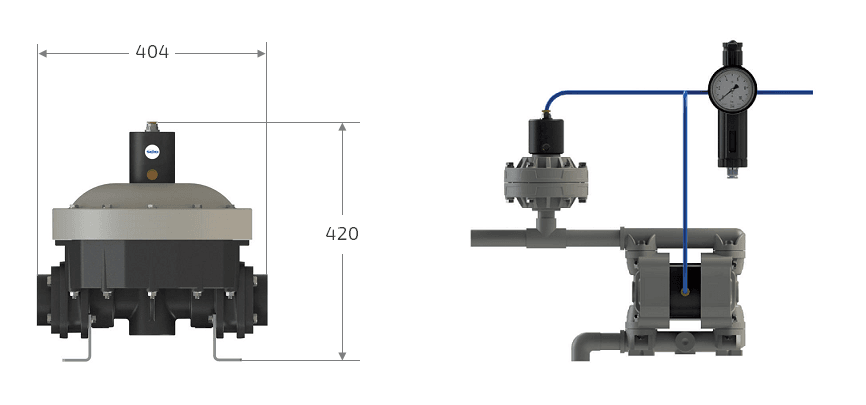 Габаритные размеры и схема установки демпфера пульсаций Seko DAF X2 050