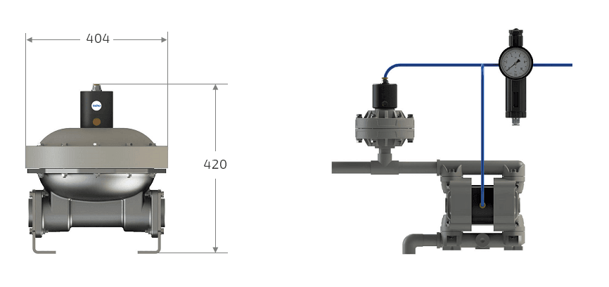 Габаритные размеры и схема установки демпфера пульсаций Seko DAF X2 050